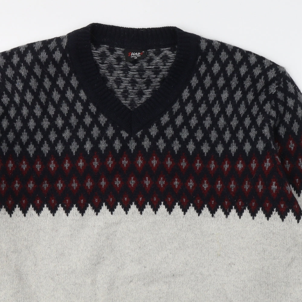 Shade Mens Grey Round Neck Fair Isle Wool Pullover Jumper Size M