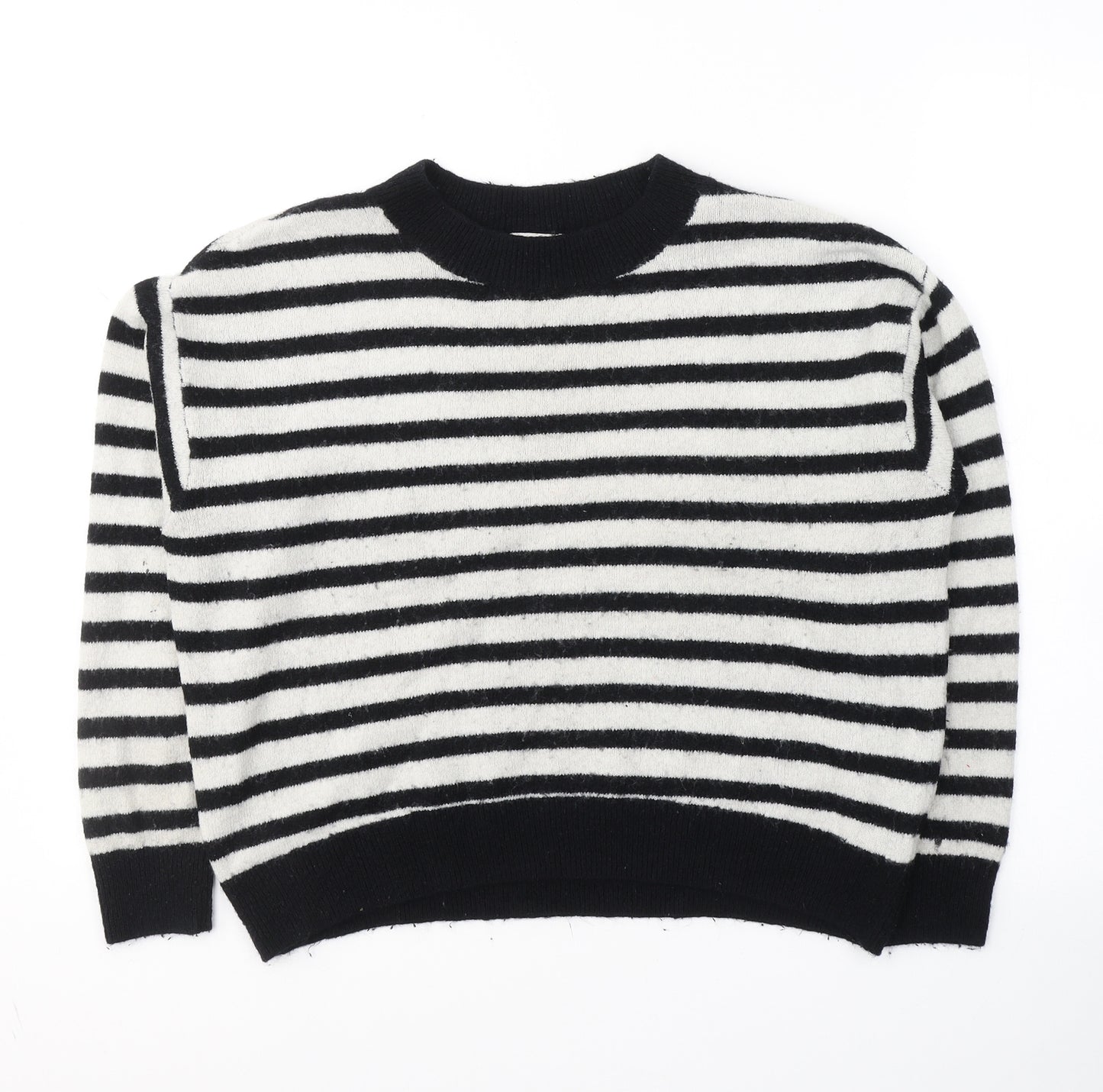 H&M Womens Black Round Neck Striped Acrylic Pullover Jumper Size M