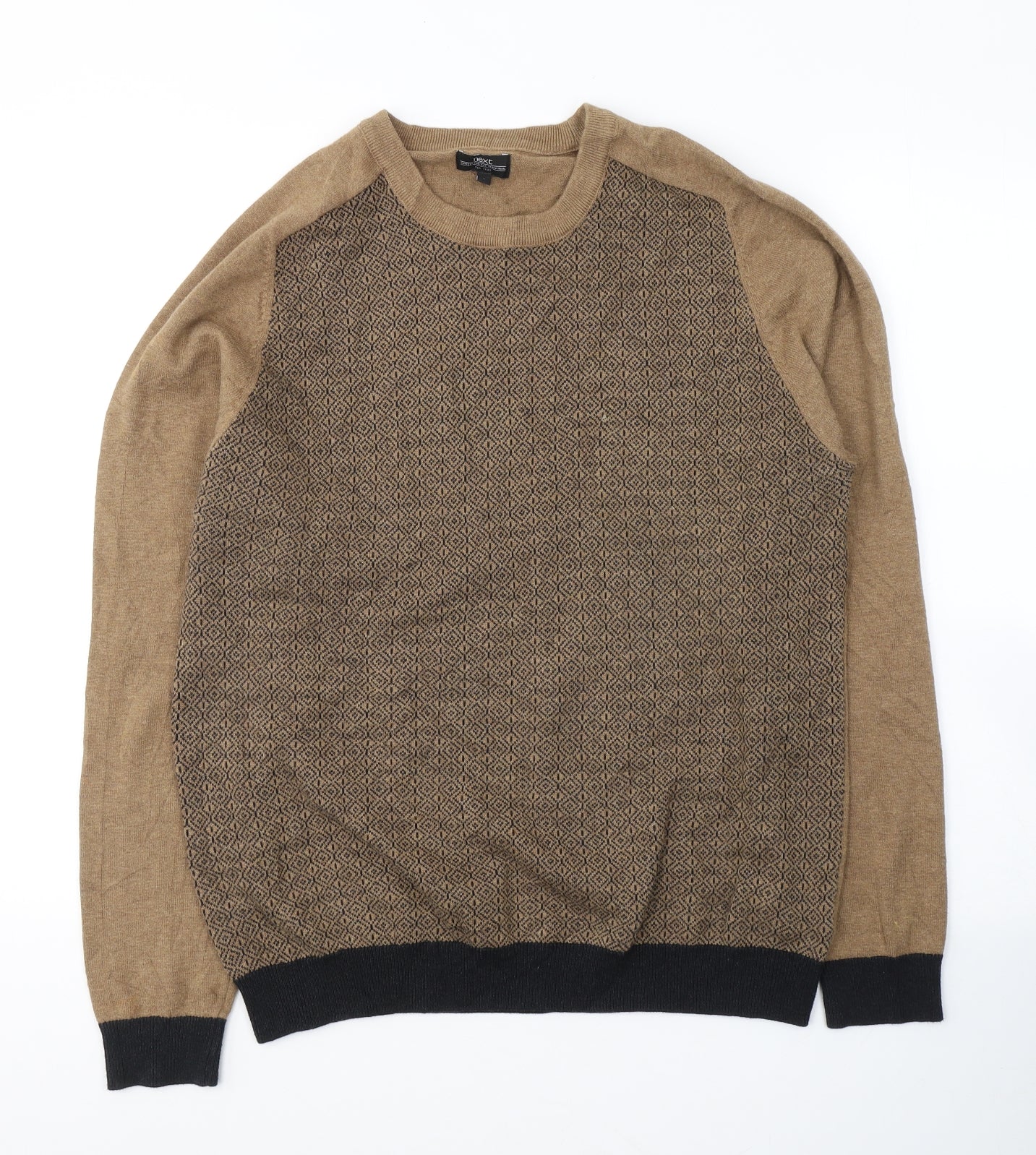 NEXT Mens Brown Round Neck Geometric Cotton Pullover Jumper Size L