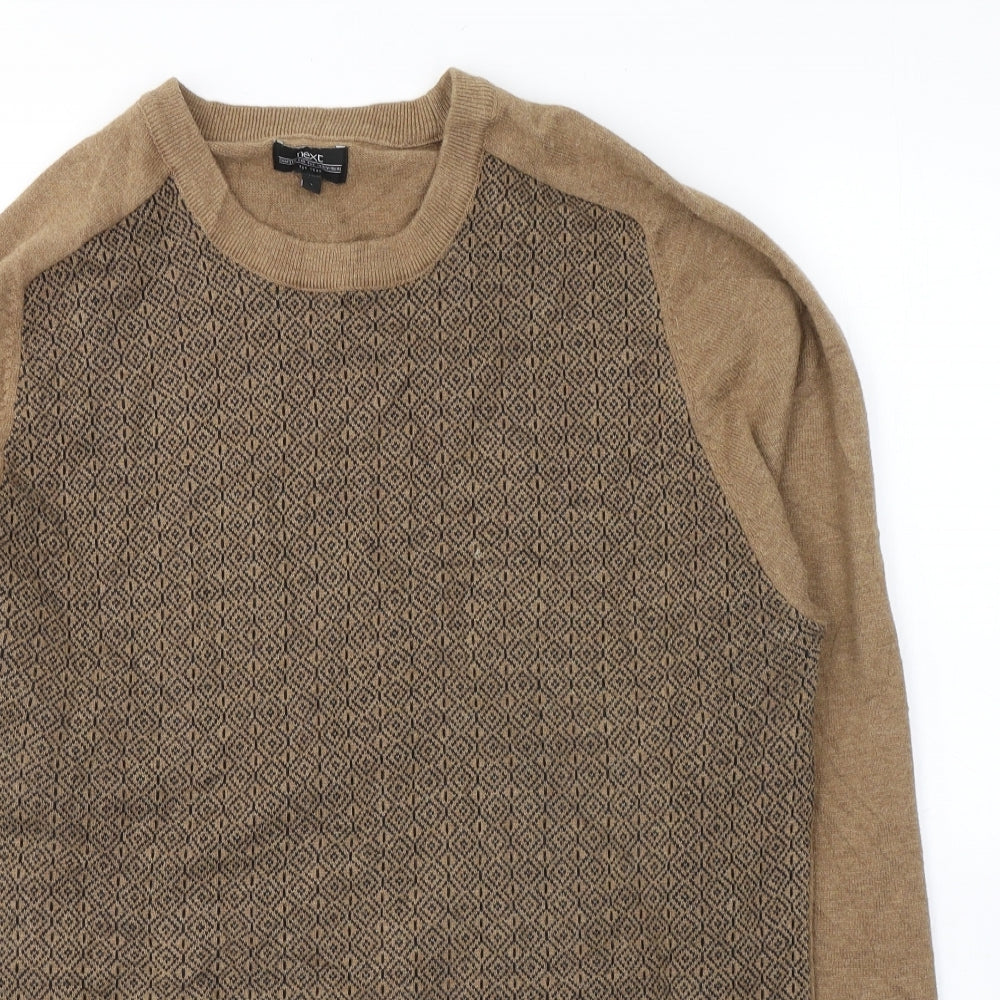 NEXT Mens Brown Round Neck Geometric Cotton Pullover Jumper Size L