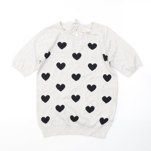 H&M Womens Silver Round Neck Geometric Cotton Pullover Jumper Size 6   - heart print