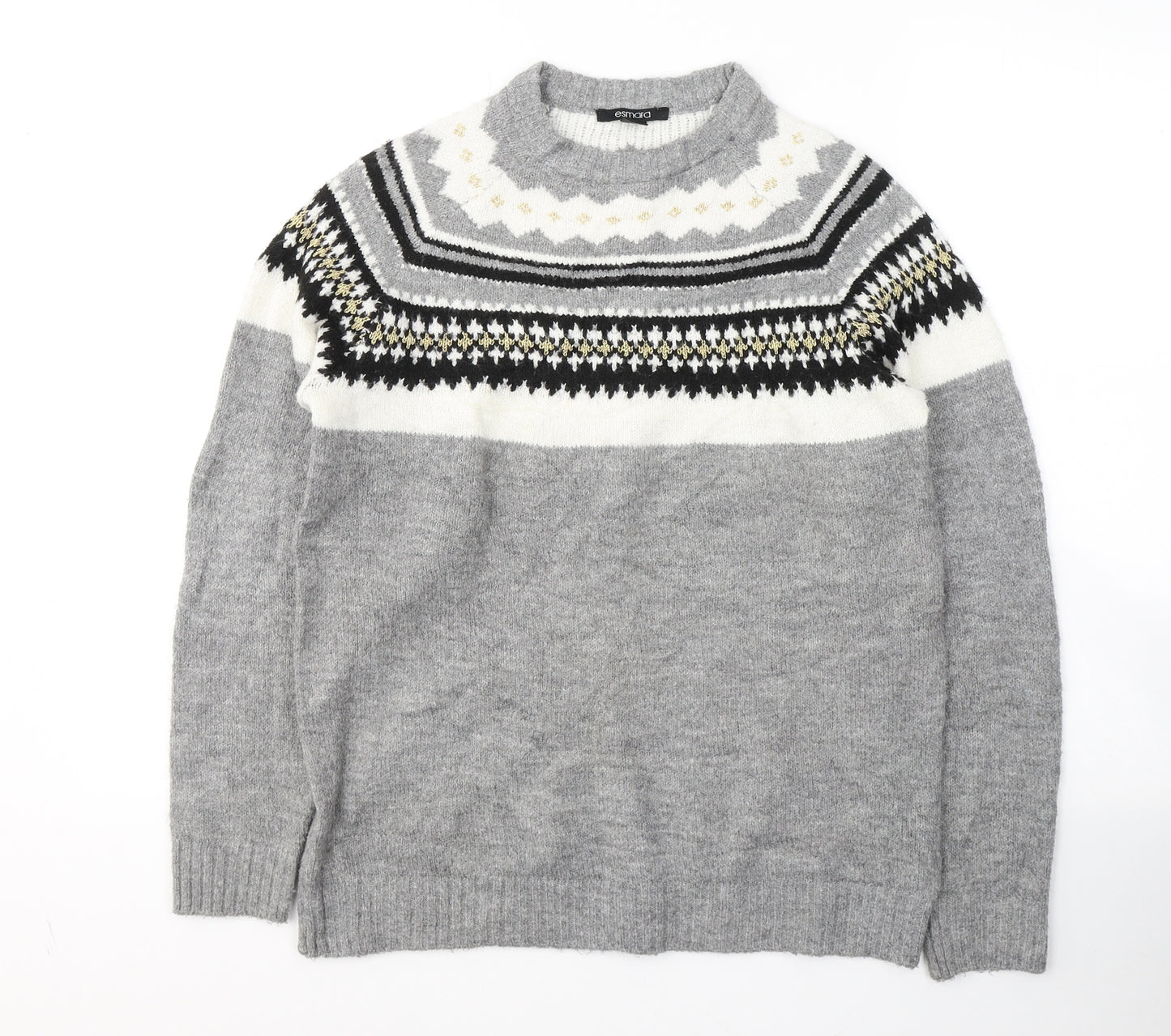 ESMARA Womens Grey Round Neck Fair Isle Acrylic Pullover Jumper Size 8