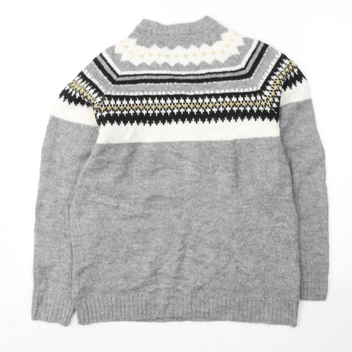 ESMARA Womens Grey Round Neck Fair Isle Acrylic Pullover Jumper Size 8