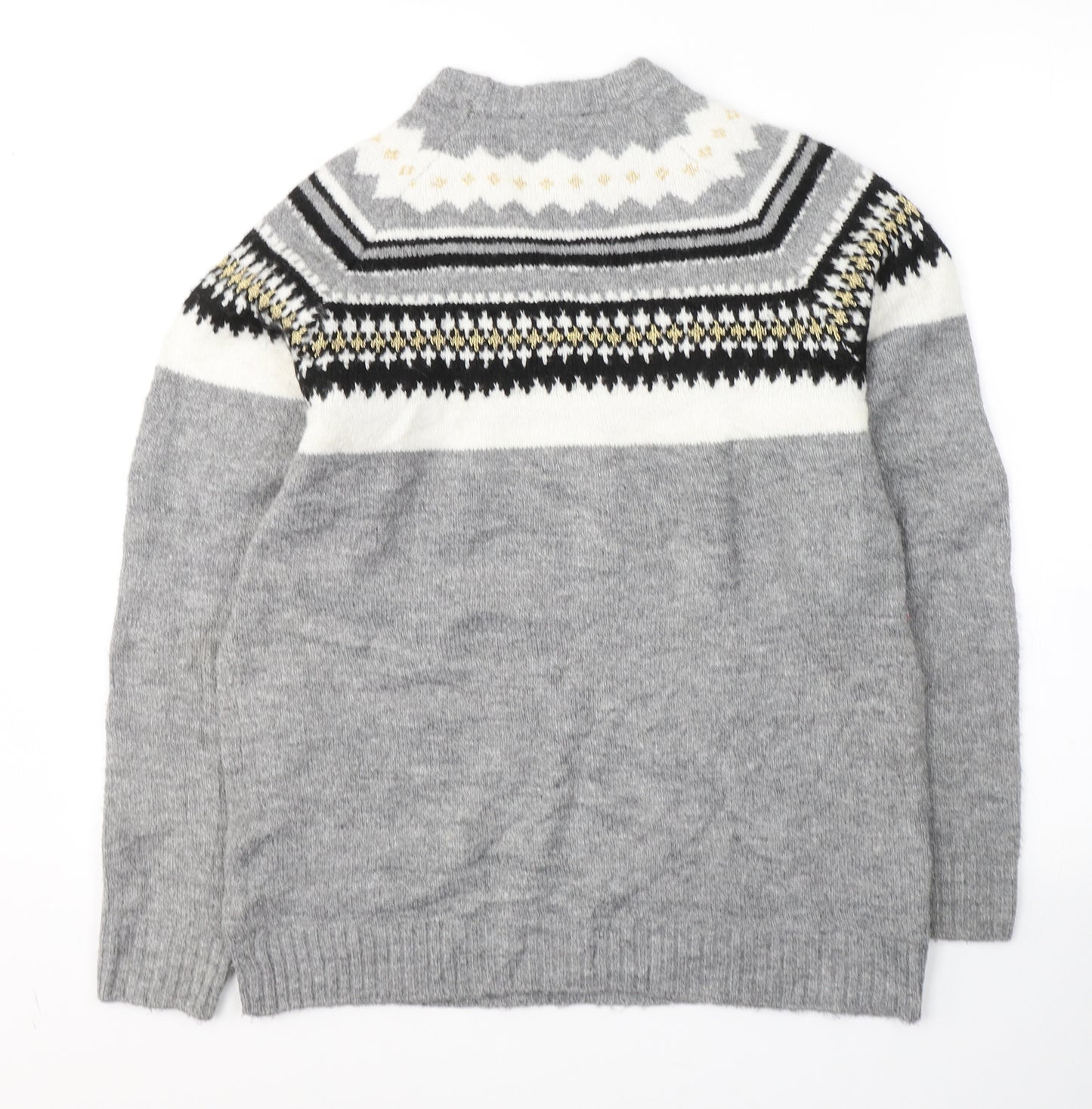 ESMARA Womens Grey Round Neck Fair Isle Acrylic Pullover Jumper Size 8
