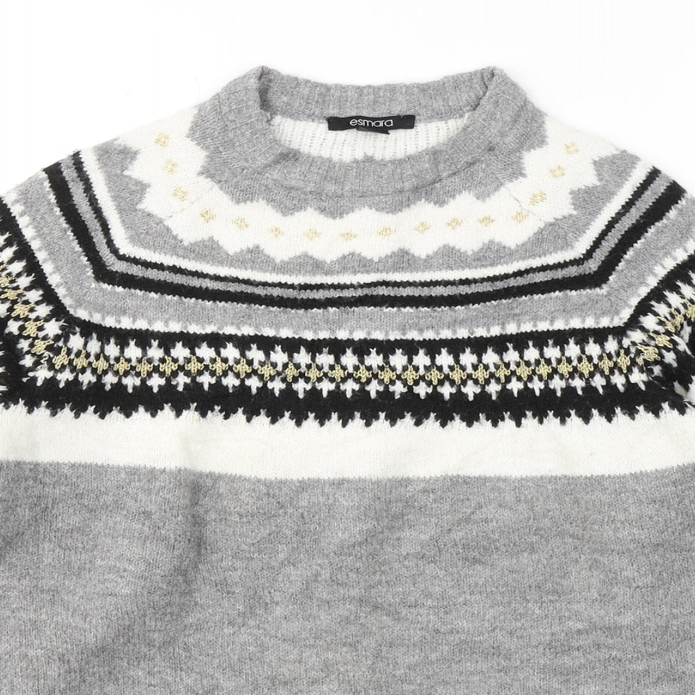 ESMARA Womens Grey Round Neck Fair Isle Acrylic Pullover Jumper Size 8