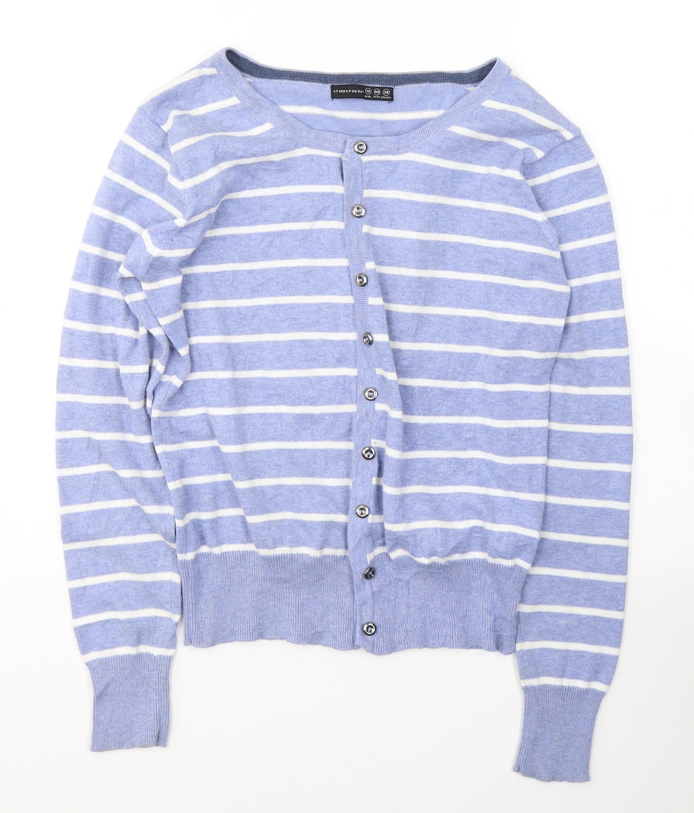Atmosphere Womens Blue Round Neck Striped Cotton Cardigan Jumper Size 12