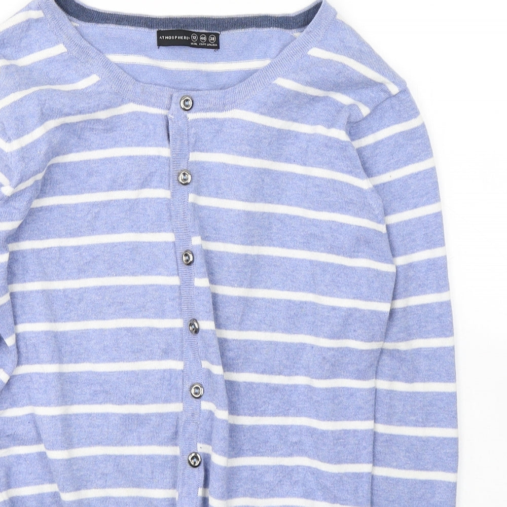 Atmosphere Womens Blue Round Neck Striped Cotton Cardigan Jumper Size 12