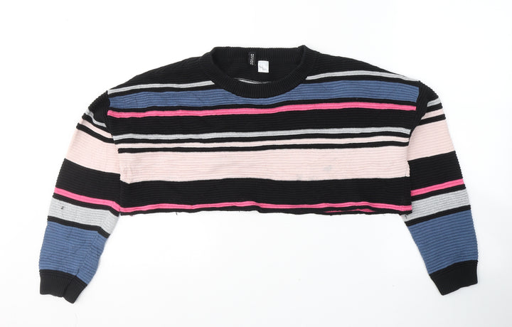 H&M Womens Black Round Neck Striped Polyester Pullover Jumper Size XS