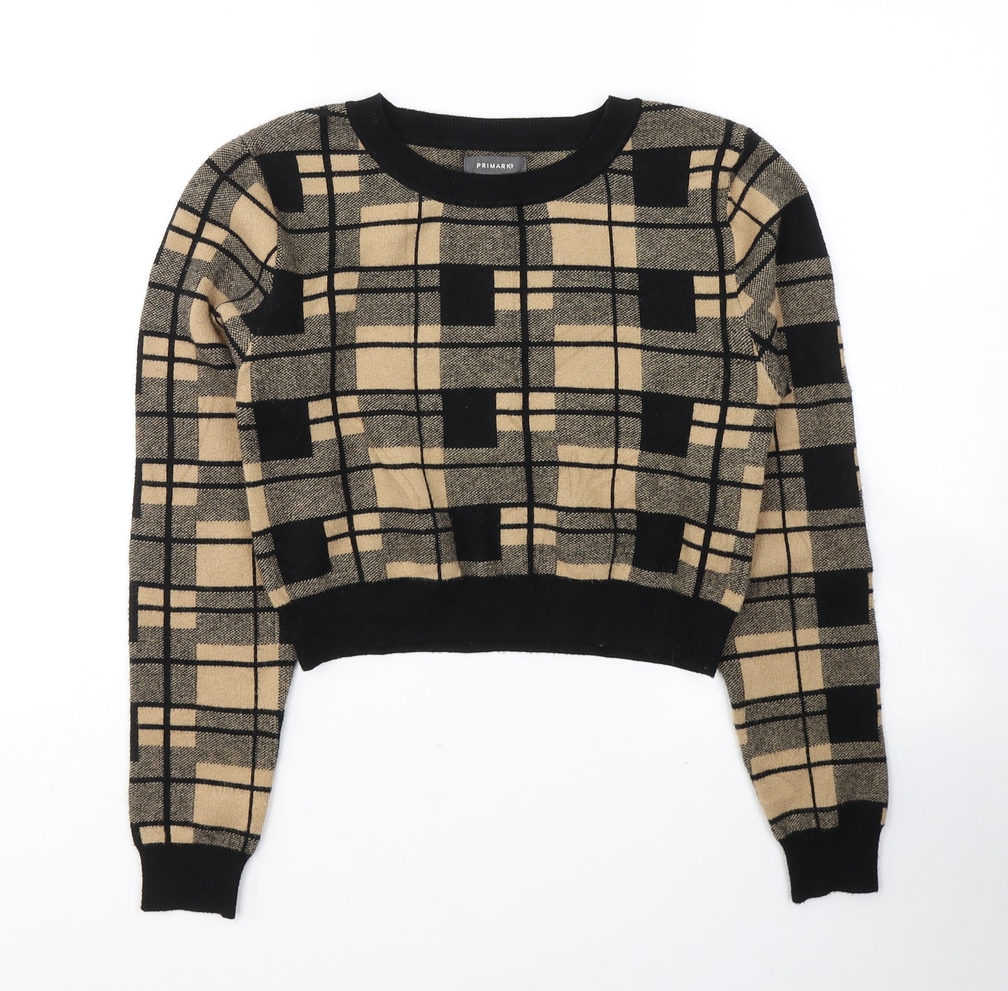 Primark Womens Beige Round Neck Plaid Acrylic Pullover Jumper Size 10