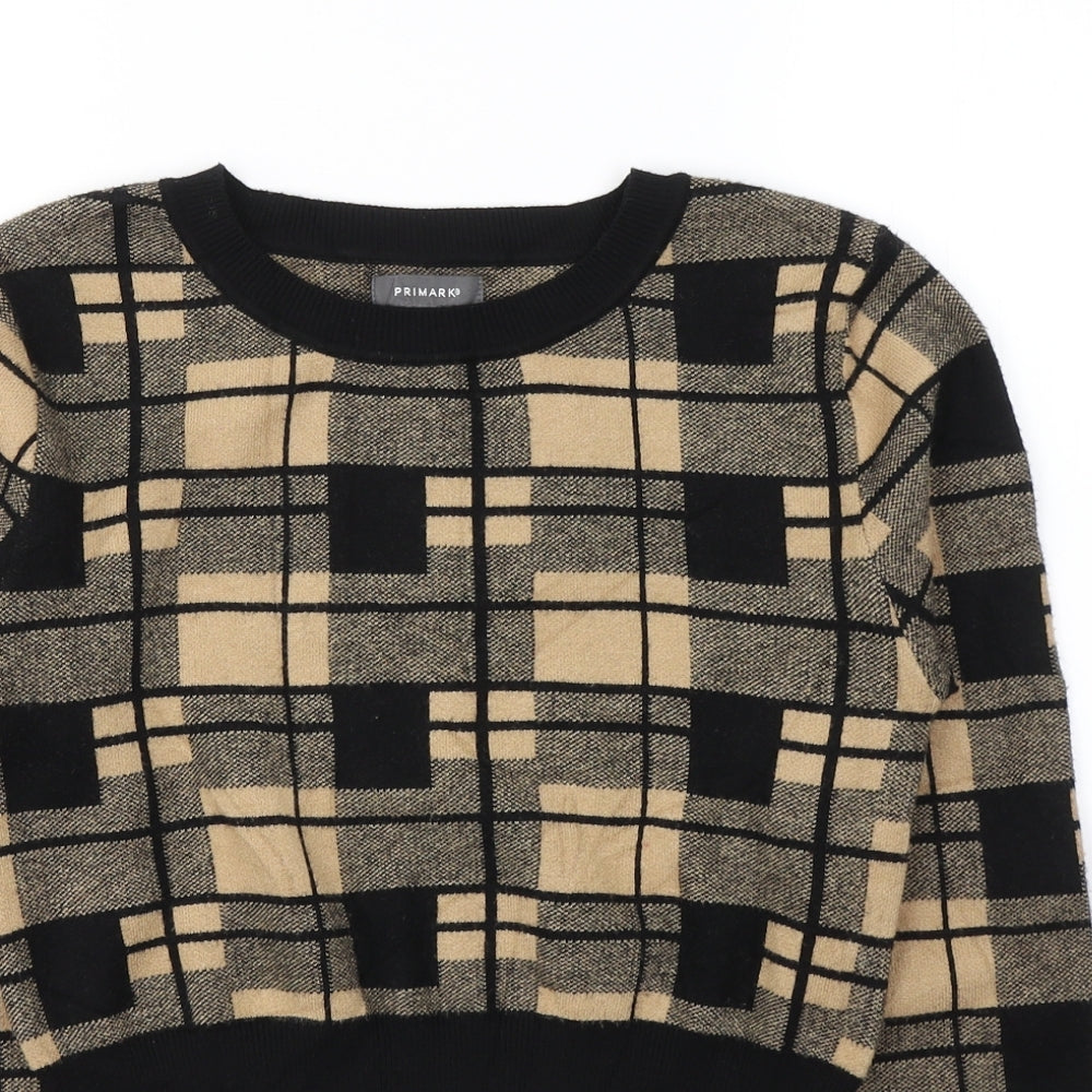 Primark Womens Beige Round Neck Plaid Acrylic Pullover Jumper Size 10