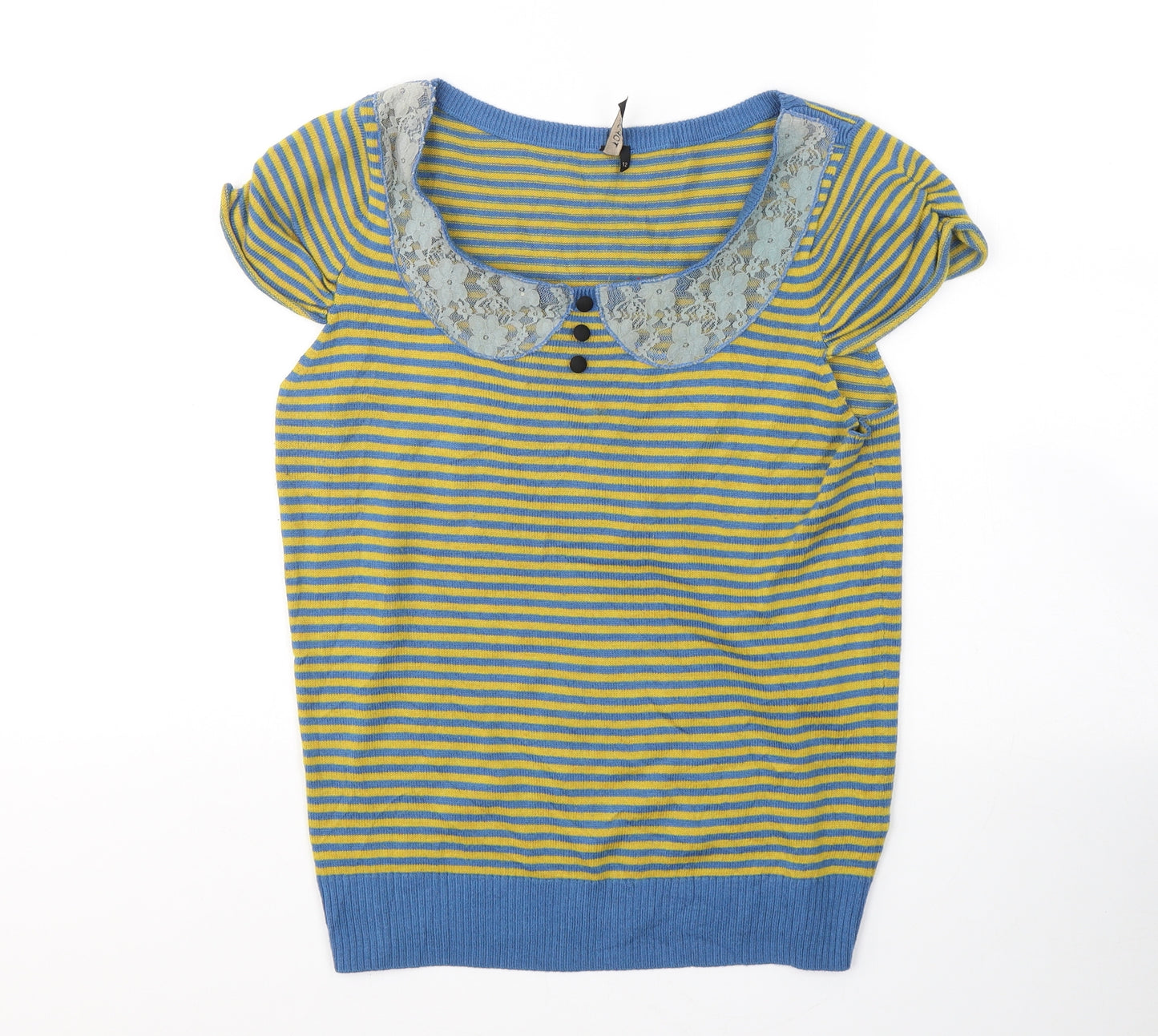 Topshop Womens Yellow Round Neck Striped Acrylic Pullover Jumper Size 12