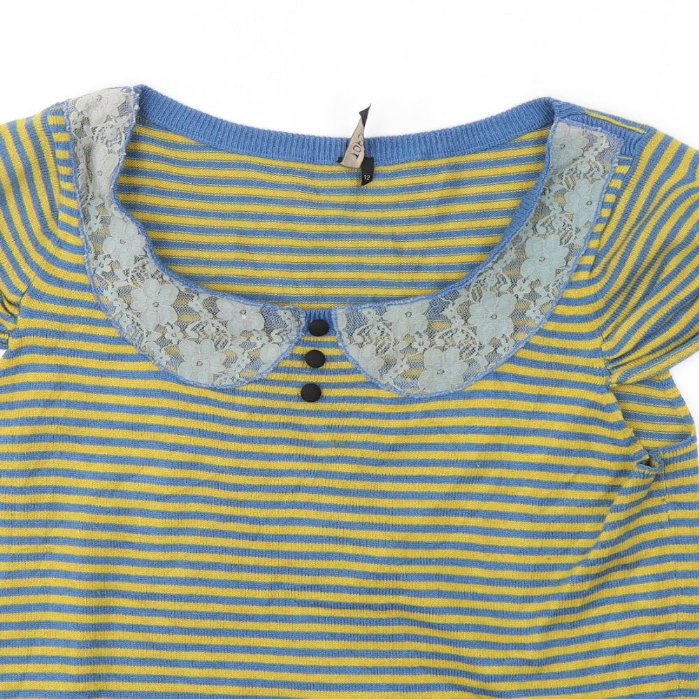 Topshop Womens Yellow Round Neck Striped Acrylic Pullover Jumper Size 12
