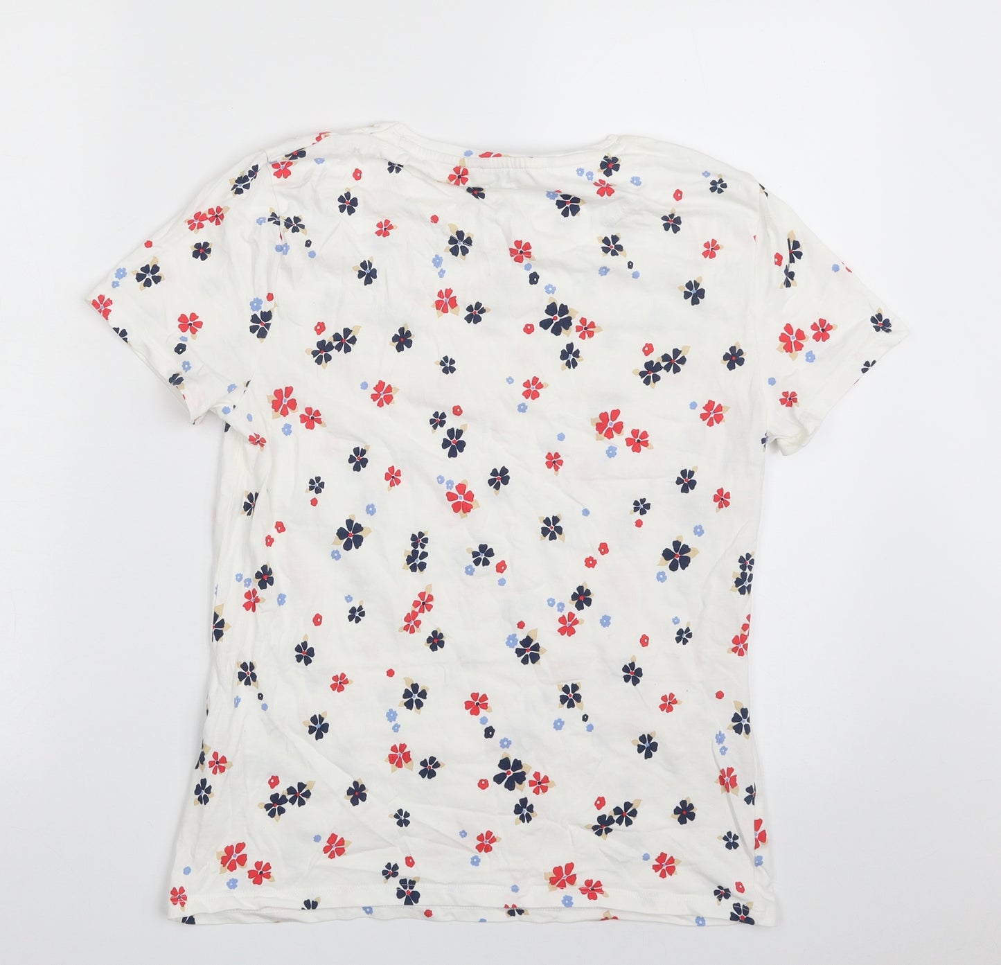 Marks and Spencer Womens White  Cotton Basic T-Shirt Size 12 Crew Neck - Flower