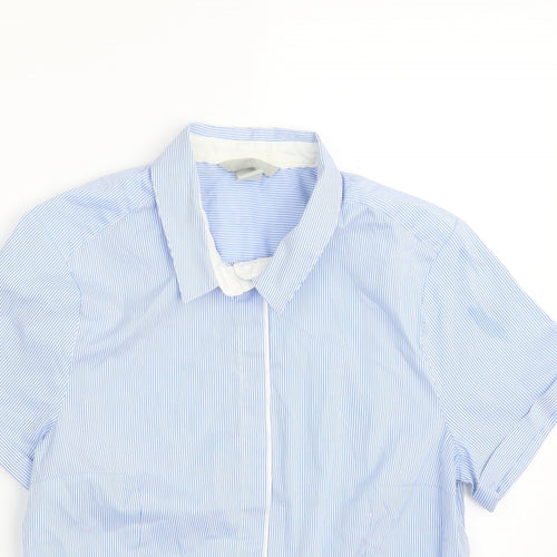 H&M Womens Blue Striped Polyester Basic Button-Up Size 12 Collared