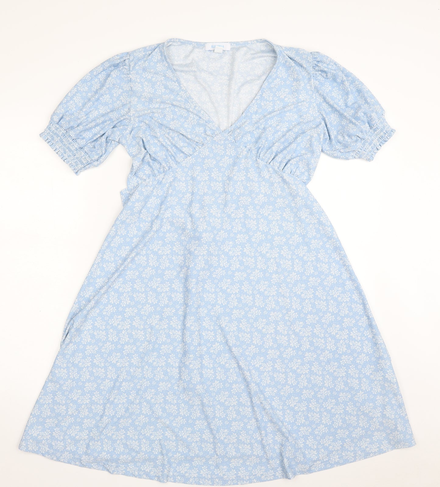 BLUE VANILLA  Womens Blue Floral Polyester Fit & Flare  Size 10  V-Neck Pullover