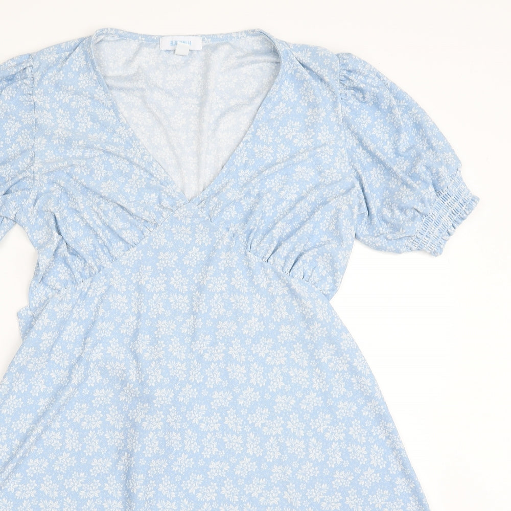 BLUE VANILLA  Womens Blue Floral Polyester Fit & Flare  Size 10  V-Neck Pullover
