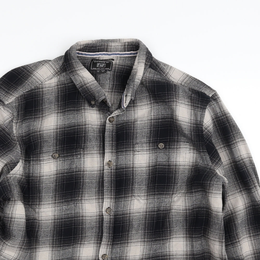 F&F Mens Grey Plaid Cotton  Button-Up Size XL Collared Button