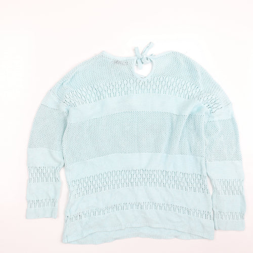 Dunnes Stores Womens Blue Boat Neck  Cotton Pullover Jumper Size L   - Tie