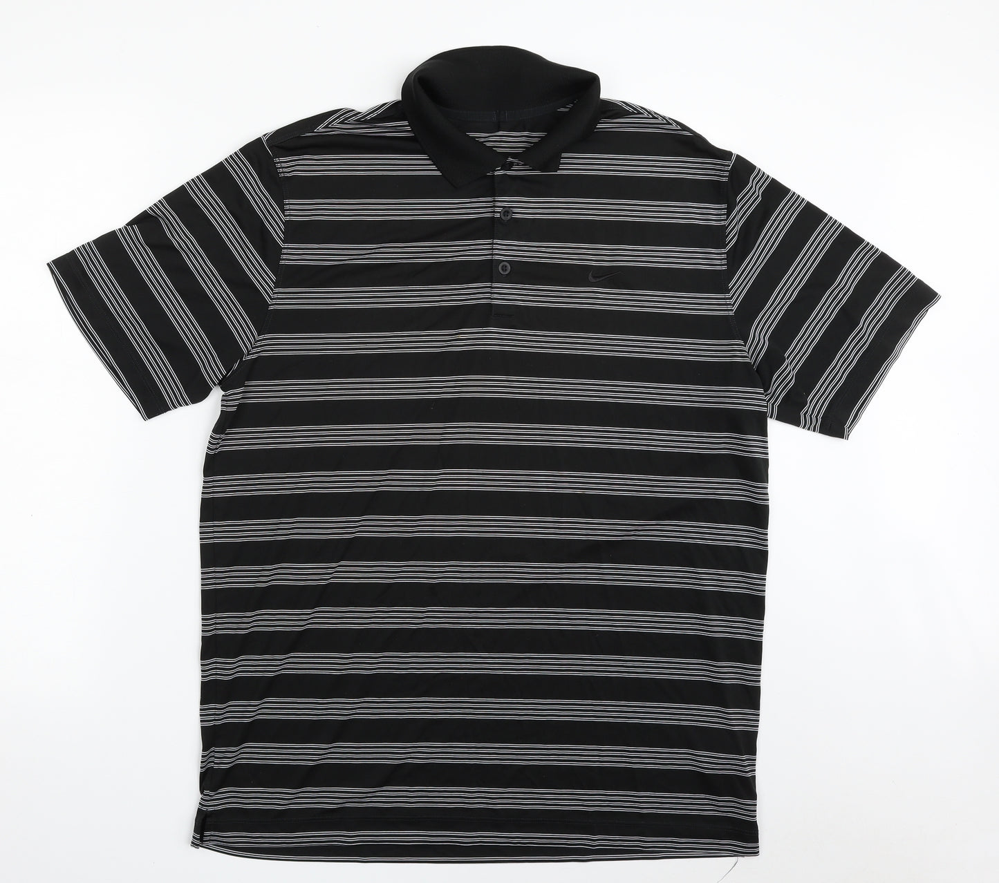 Nike Mens Black Striped 100% Polyester  Polo Size L Collared Button