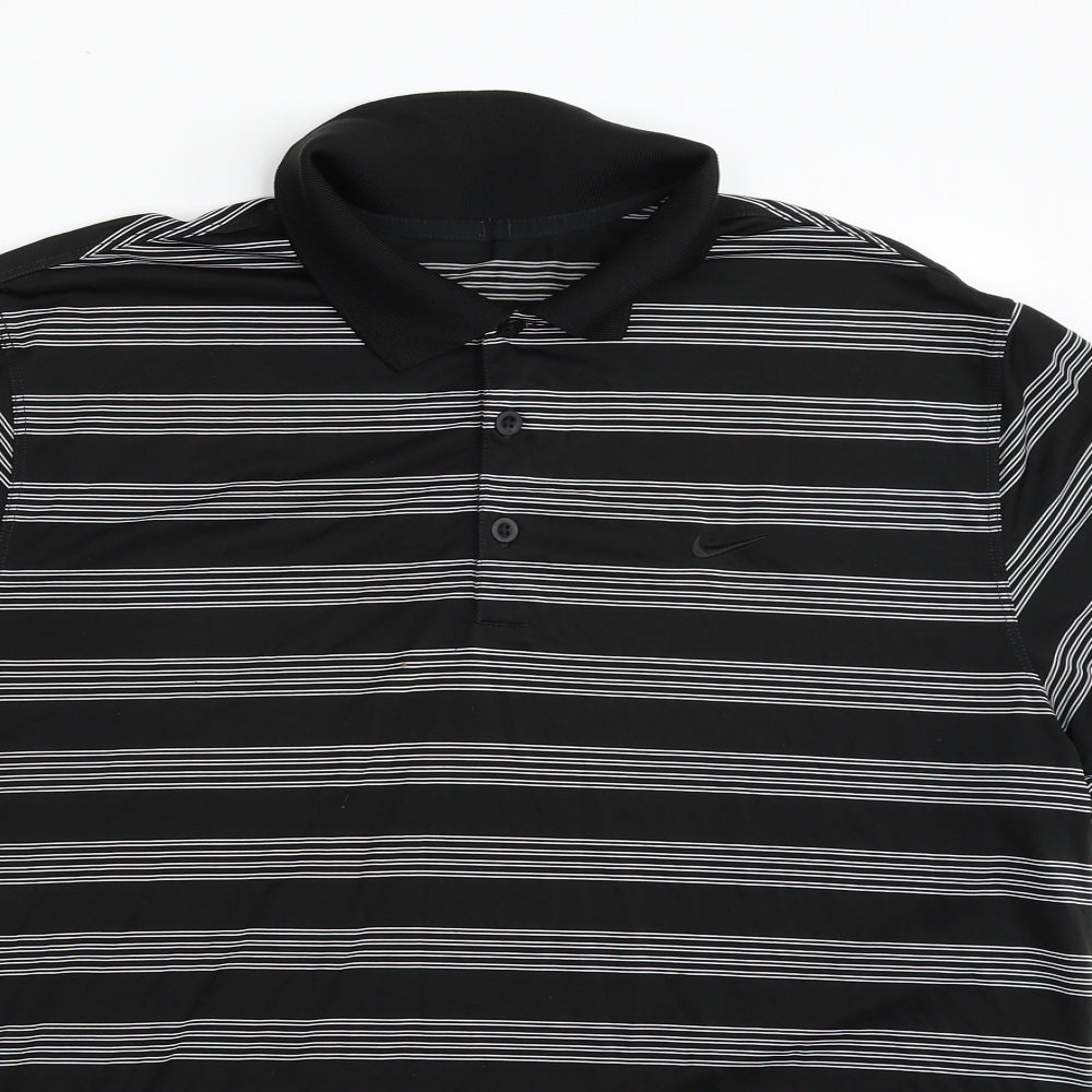 Nike Mens Black Striped 100% Polyester  Polo Size L Collared Button