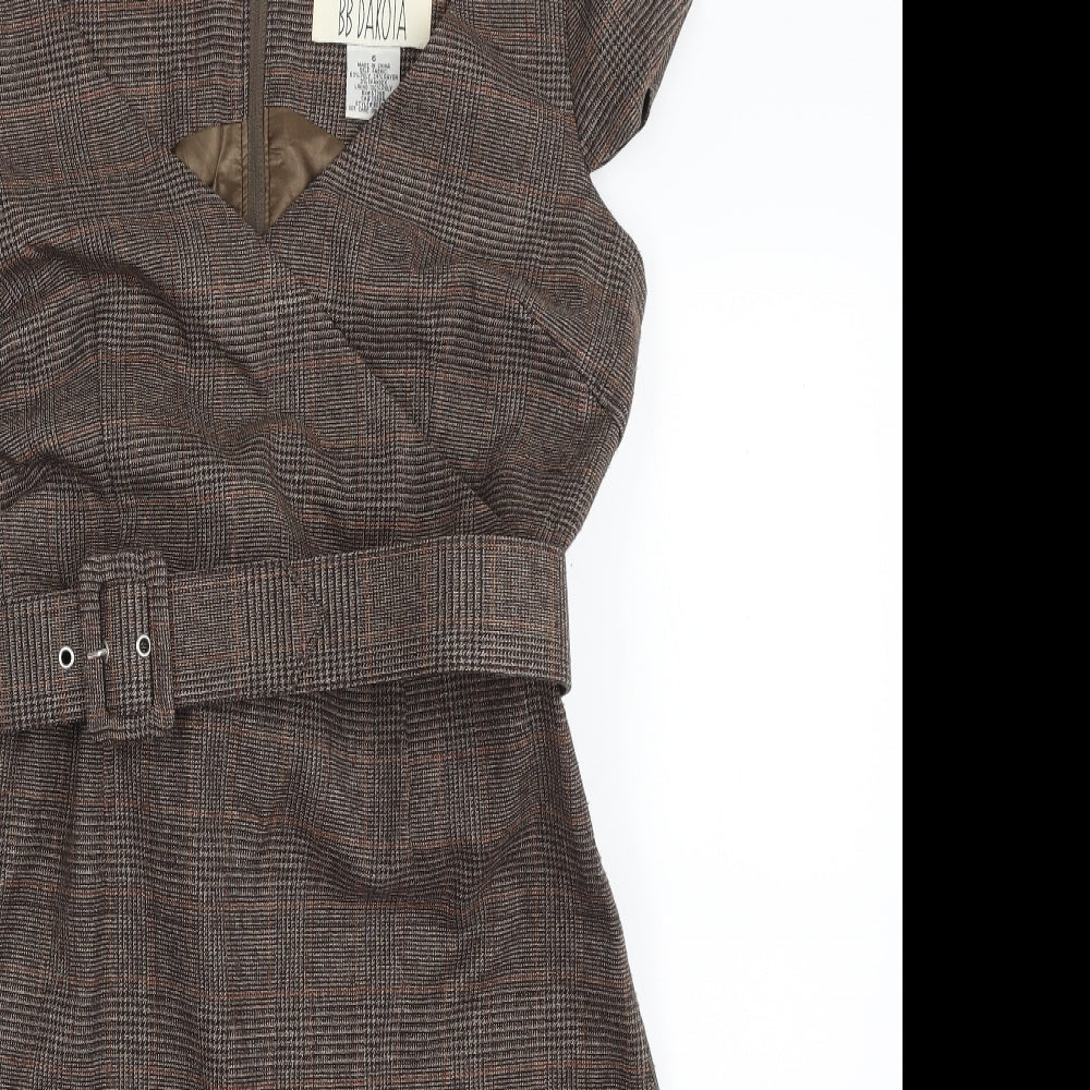 BB Dakota Womens Brown Plaid Polyester Shift  Size 6  V-Neck Zip