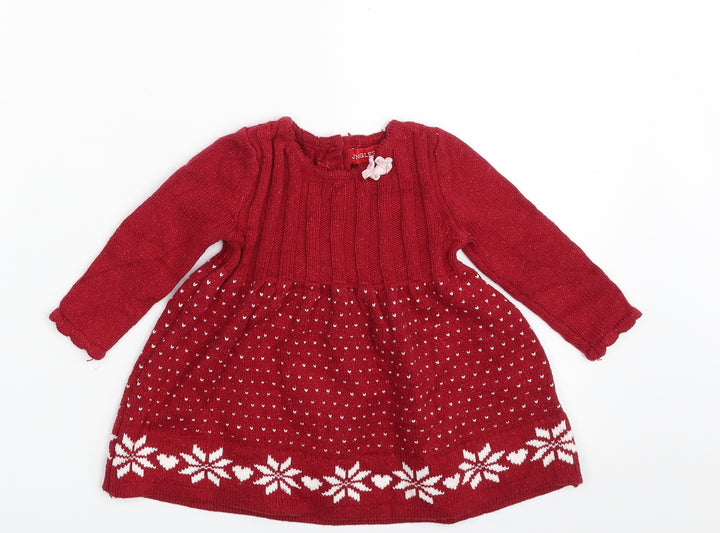 Jingles & Joy Girls Red Geometric Acrylic Pullover Jumper Size 3-6 Months Button