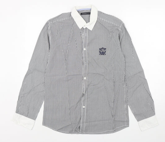 Front view of Selected Homme men’s multicoloured striped cotton button-up, size M, collared button