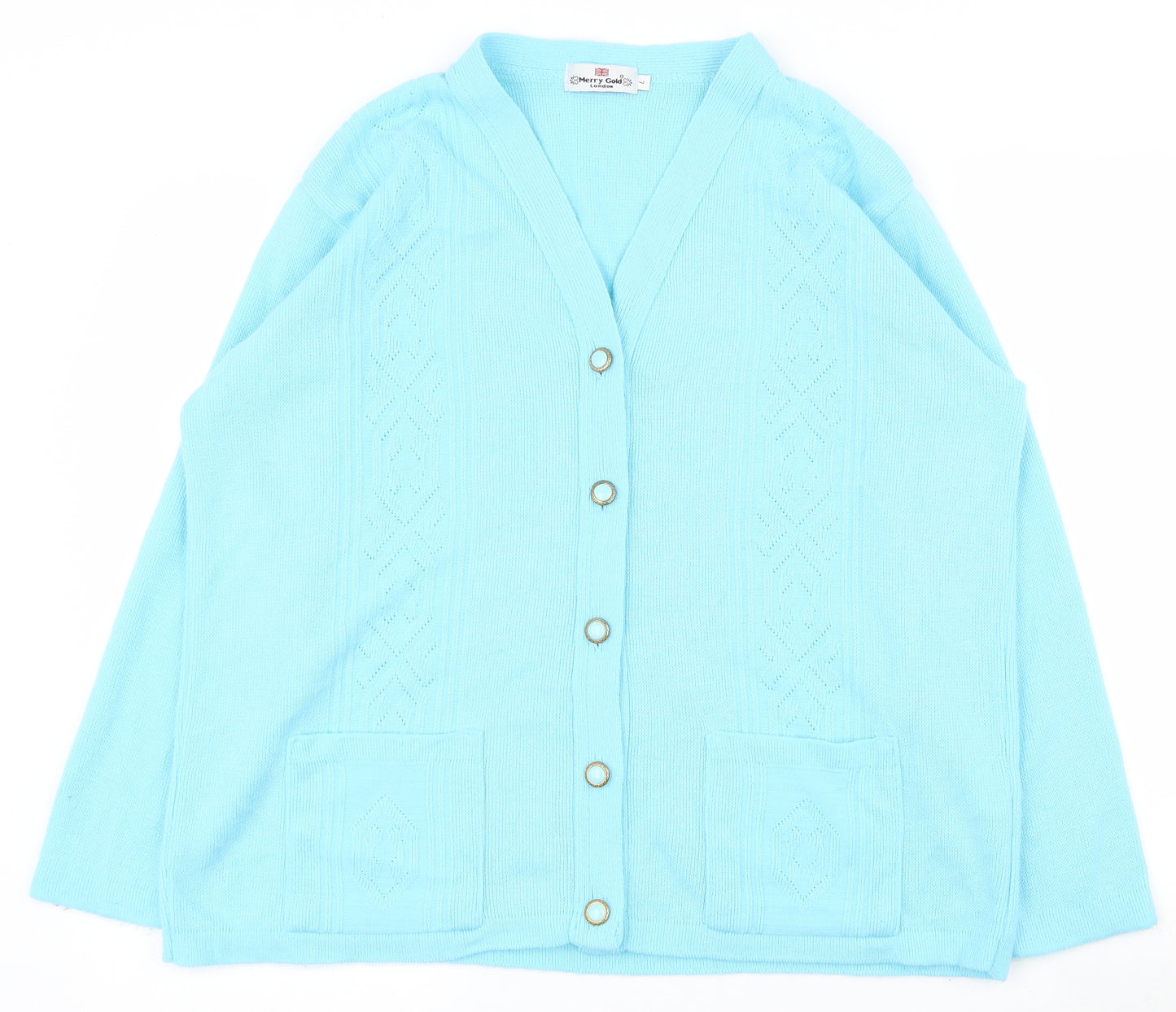 Merry Gold Womens Blue V-Neck  Acrylic Cardigan Jumper Size L