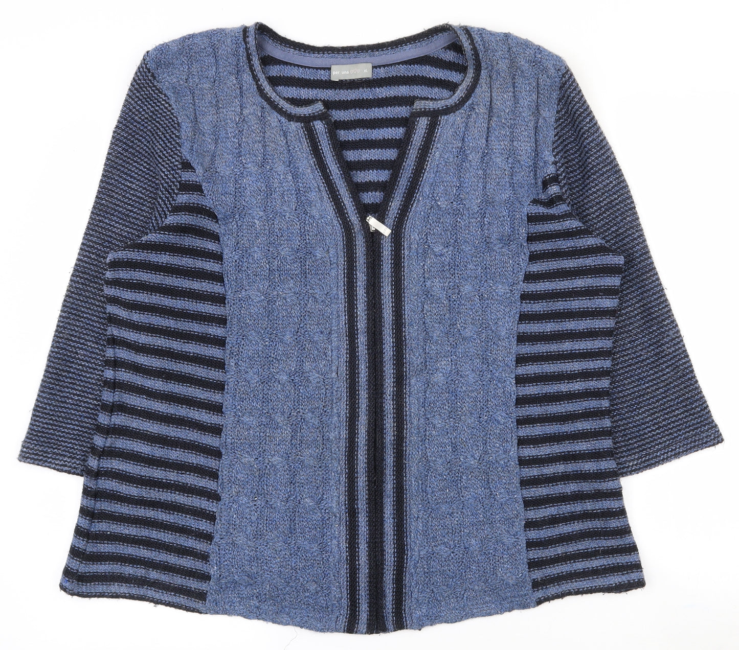 Per Una Womens Blue V-Neck Striped Acrylic Full Zip Jumper Size XL