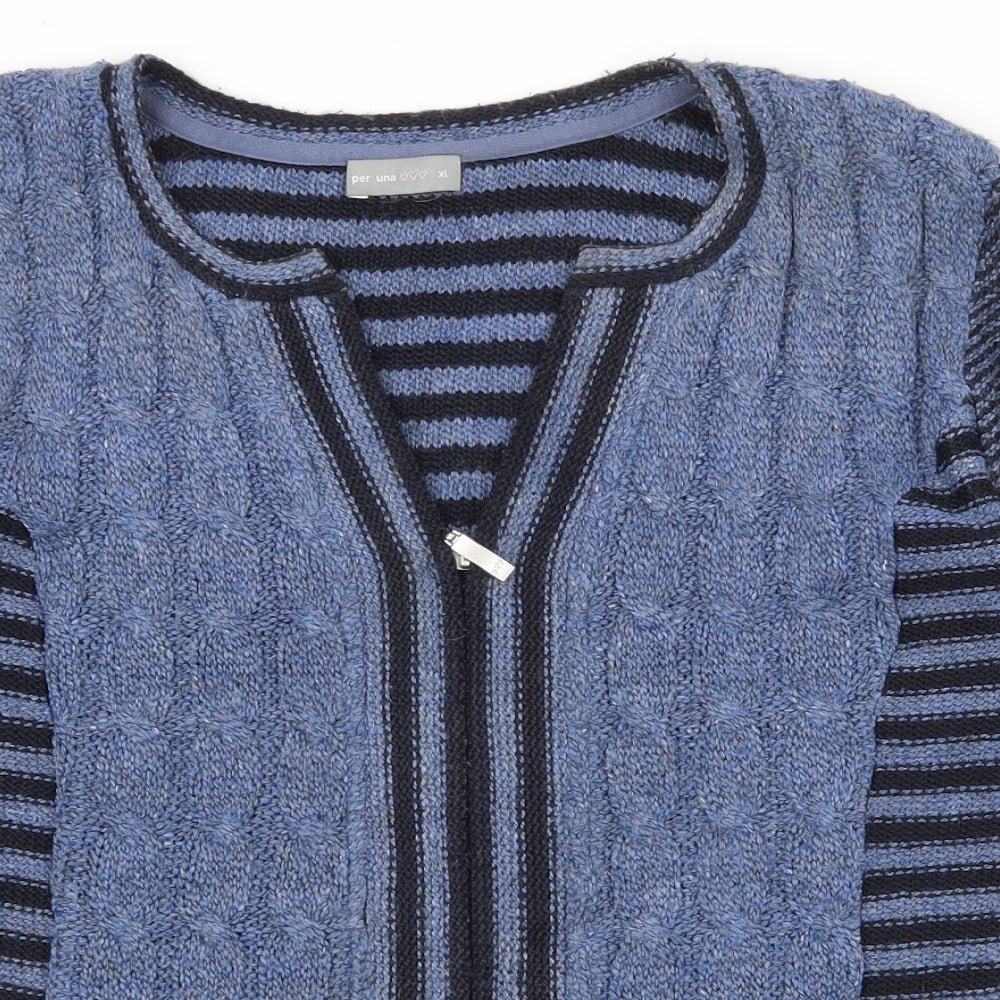 Per Una Womens Blue V-Neck Striped Acrylic Full Zip Jumper Size XL