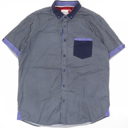 Centered Mens Blue Geometric Cotton  Button-Up Size L Collared Button