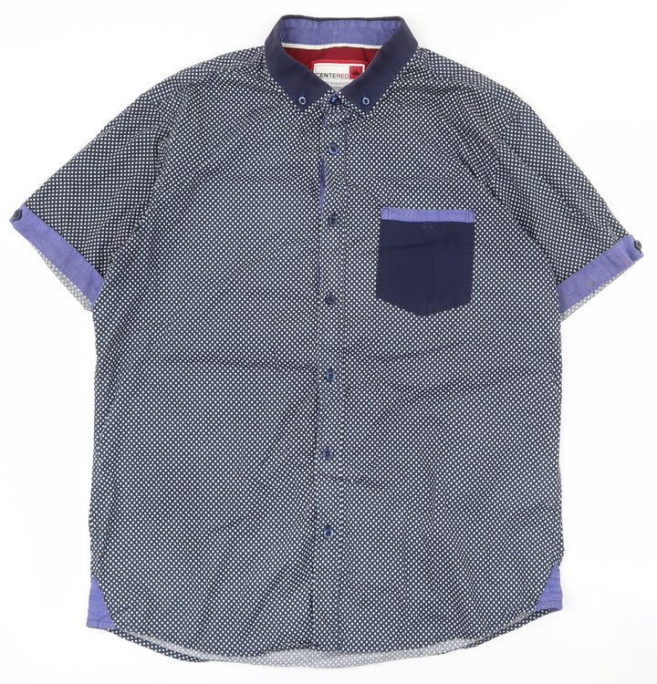Centered Mens Blue Geometric Cotton  Button-Up Size L Collared Button