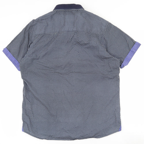 Centered Mens Blue Geometric Cotton  Button-Up Size L Collared Button
