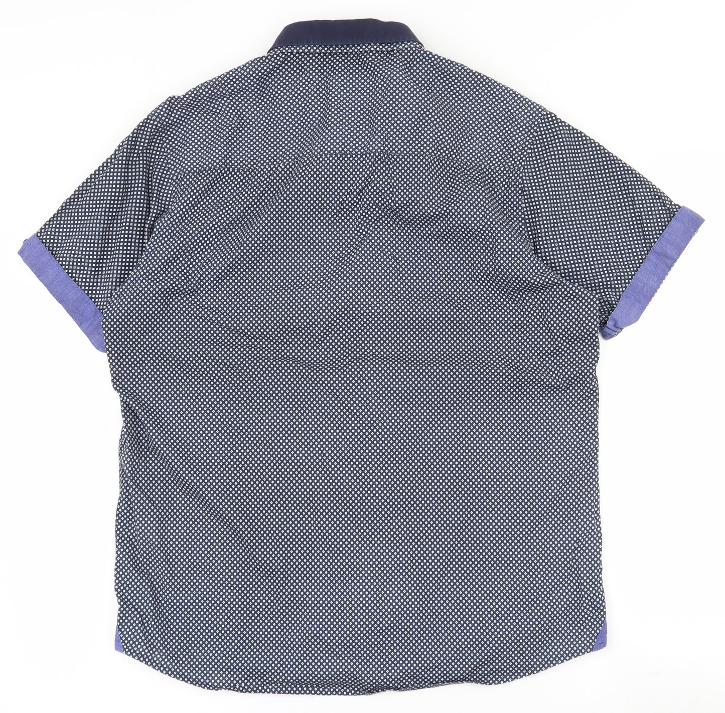Centered Mens Blue Geometric Cotton  Button-Up Size L Collared Button