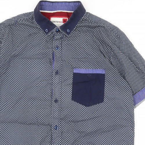 Centered Mens Blue Geometric Cotton  Button-Up Size L Collared Button