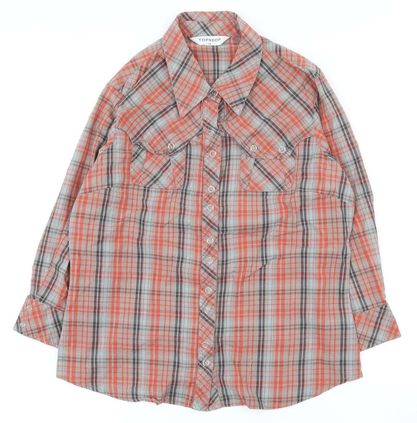 Topshop Womens Multicoloured Plaid 100% Cotton Basic Button-Up Size 14 Collared