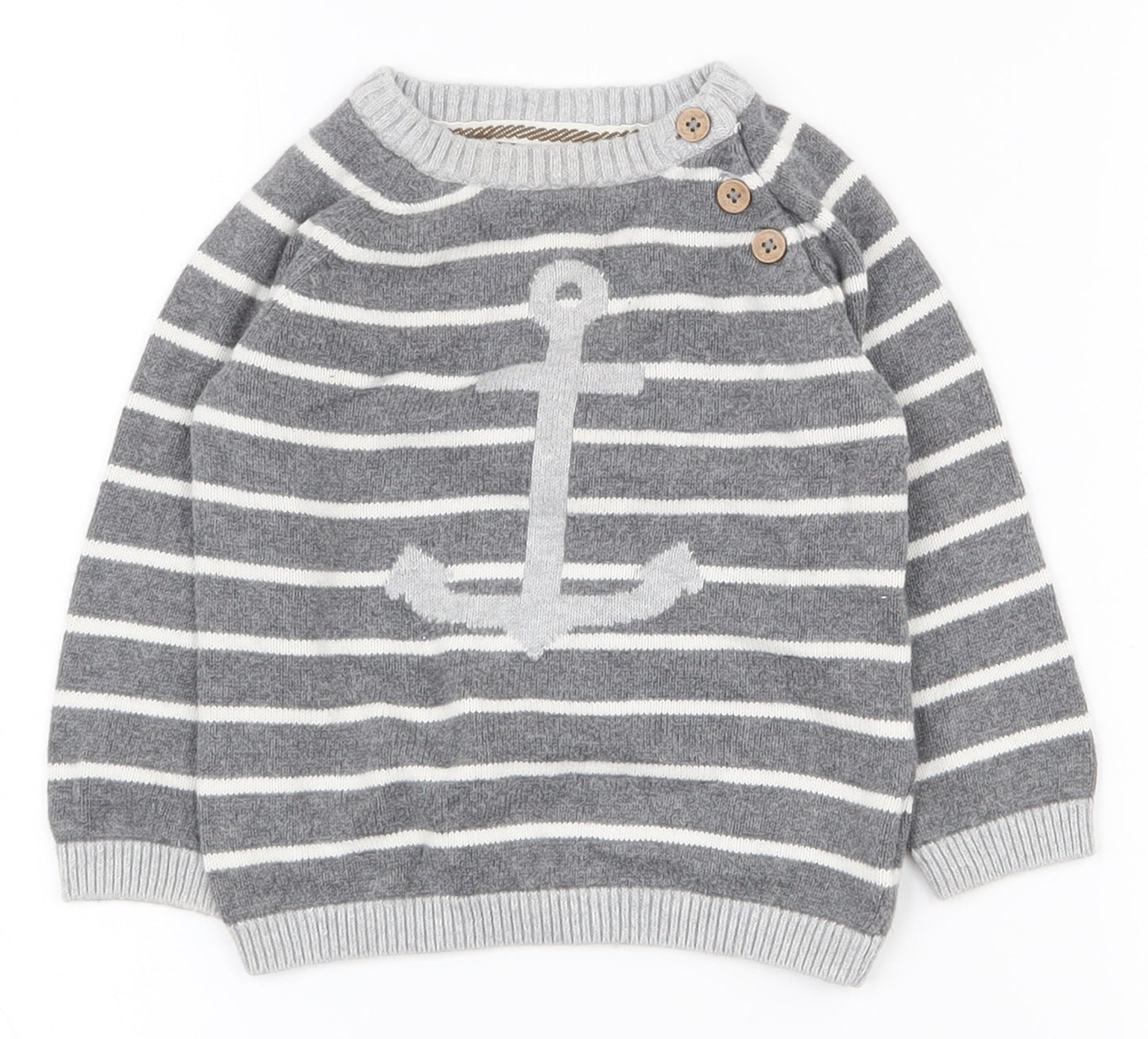 H&M Boys Grey Striped 100% Cotton Pullover Jumper Size 6-9 Months  Button