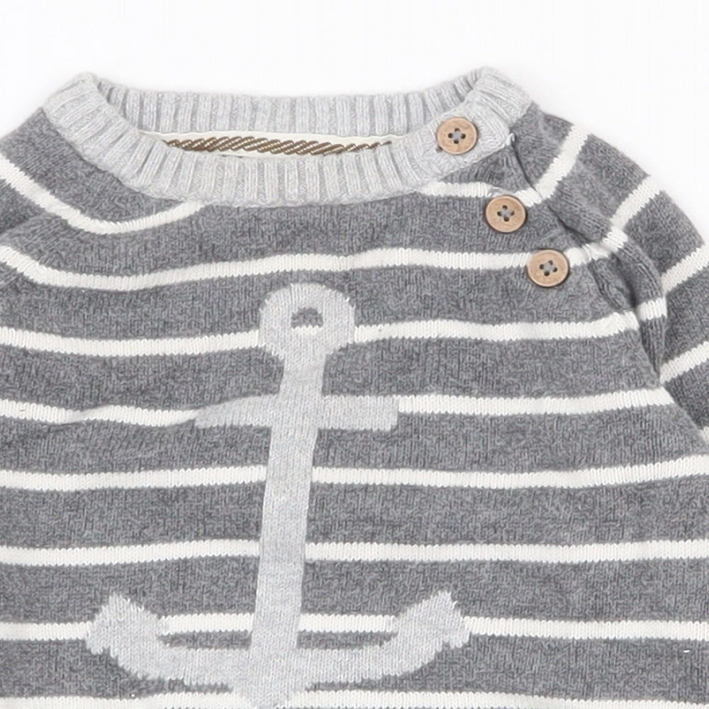 H&M Boys Grey Striped 100% Cotton Pullover Jumper Size 6-9 Months  Button