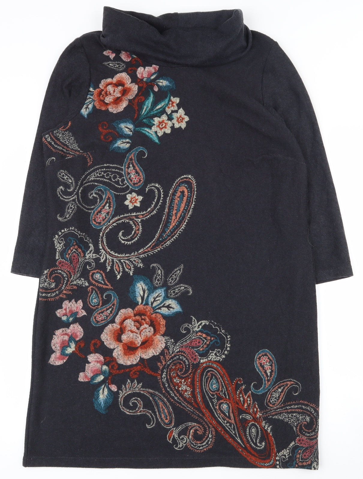 M&Co Womens Blue Paisley Polyester Tunic T-Shirt Size 14 Roll Neck