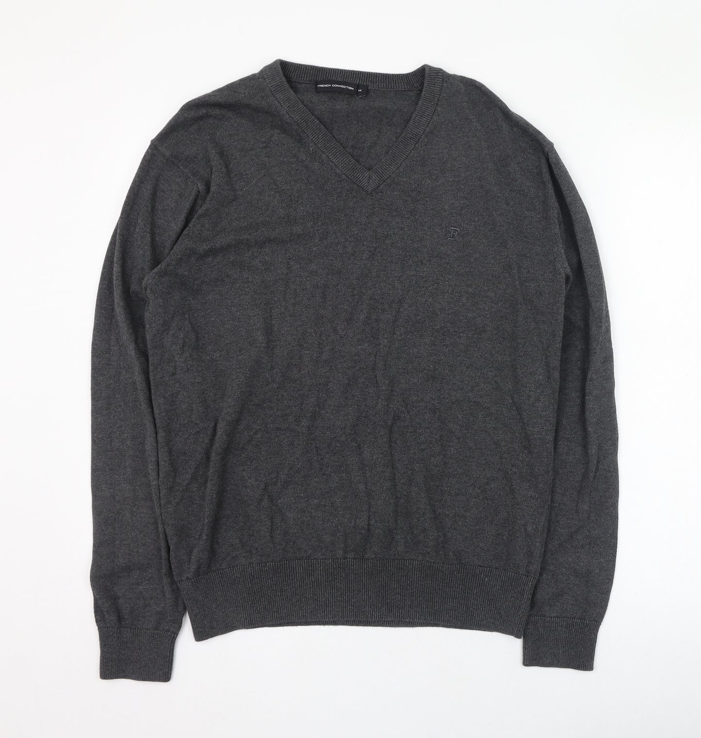 French Connection Mens Grey V-Neck  Cotton Pullover Jumper Size M