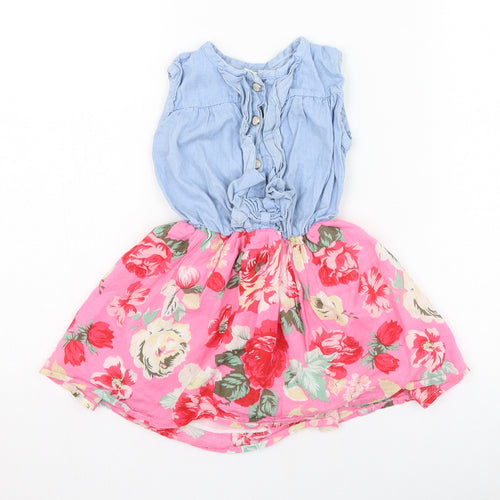 Preworn Girls Pink Floral Cotton Skater Dress  Size 2 Years  Round Neck Button