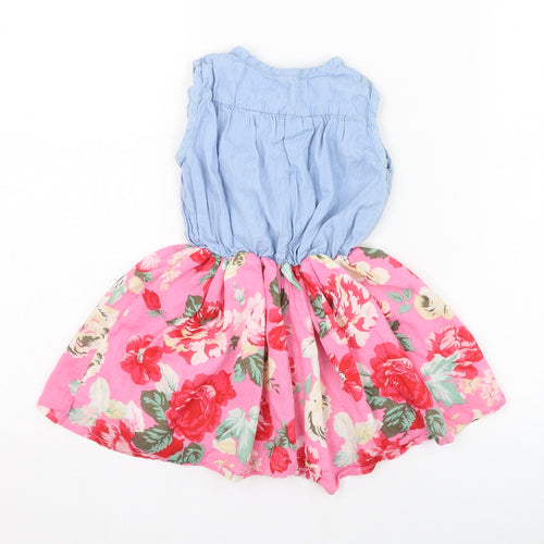 Preworn Girls Pink Floral Cotton Skater Dress  Size 2 Years  Round Neck Button