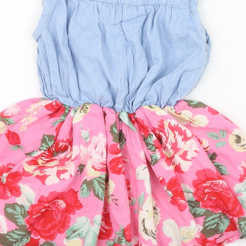 Preworn Girls Pink Floral Cotton Skater Dress  Size 2 Years  Round Neck Button