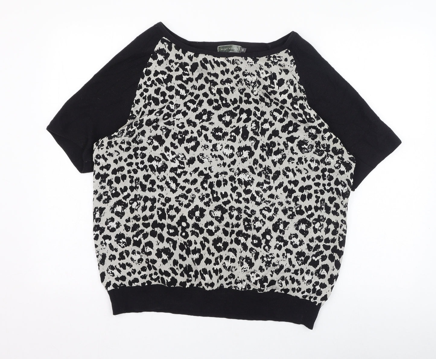 Mint Velvet Womens Black Animal Print Silk Basic Blouse Size 18 Off the Shoulder