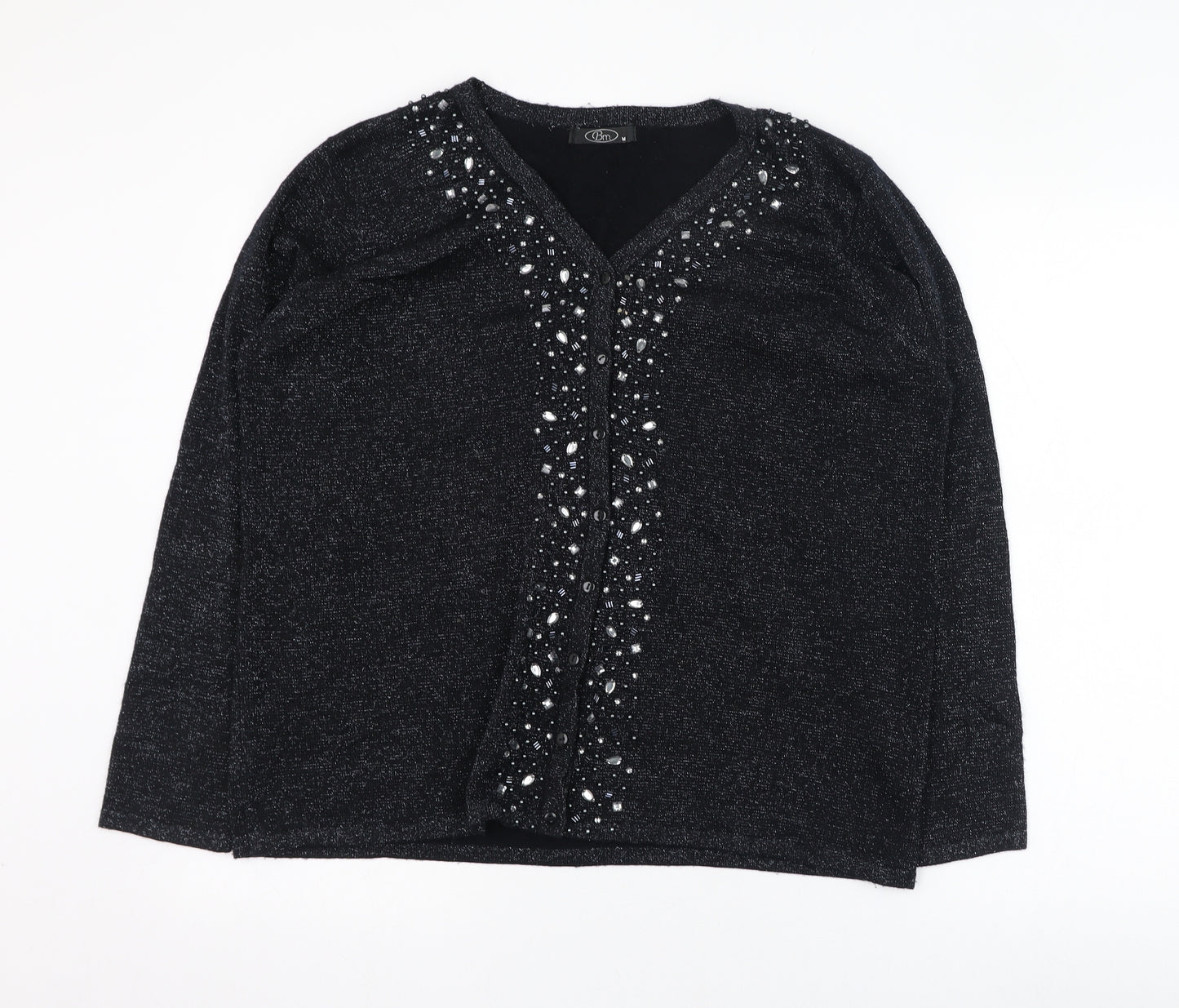 BM Womens Black V-Neck  Acrylic Cardigan Jumper Size M
