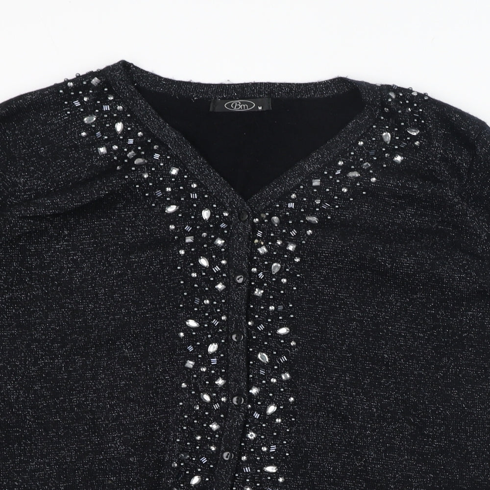 BM Womens Black V-Neck  Acrylic Cardigan Jumper Size M