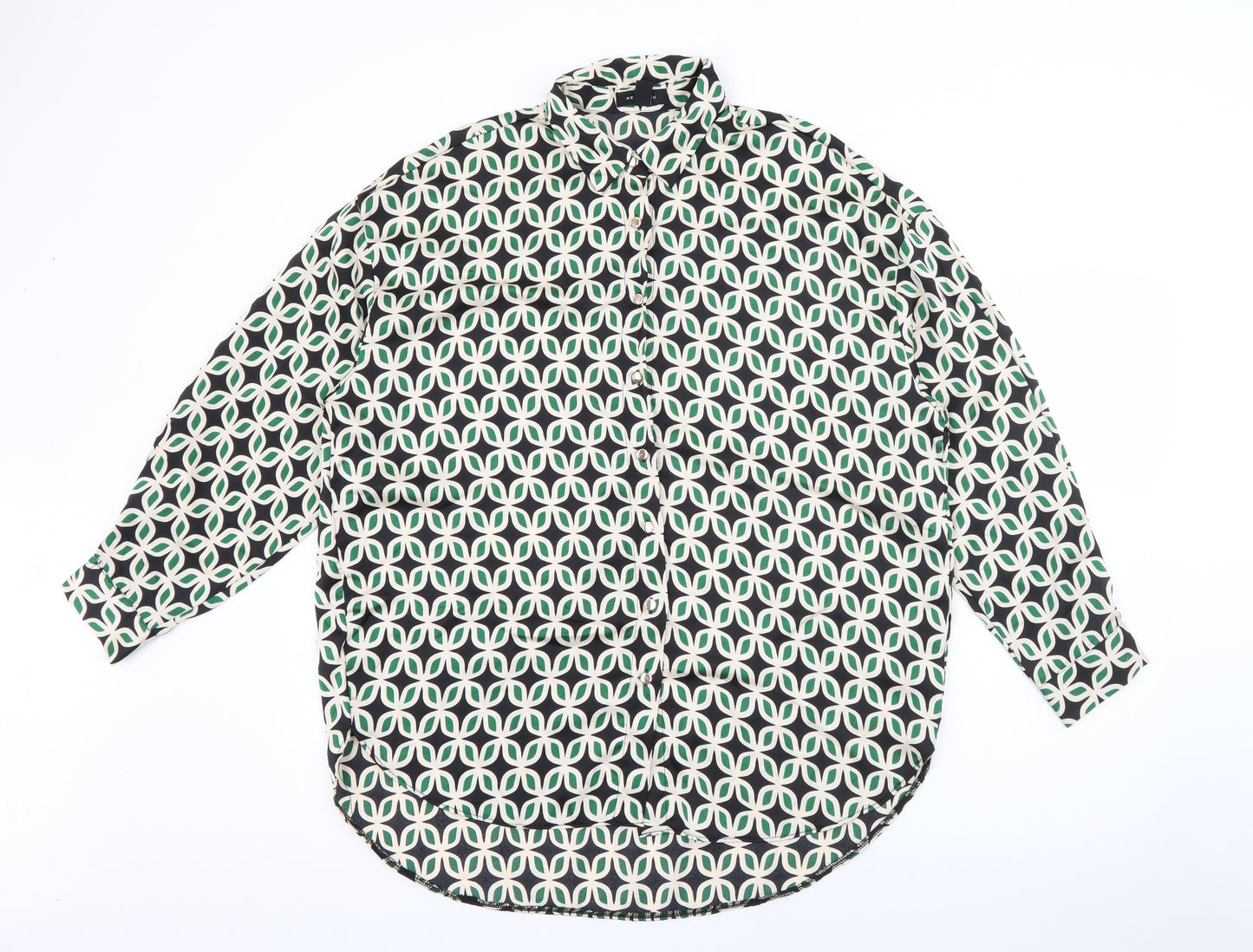 New Look Womens Green Geometric Polyester Basic Button-Up Size 12 Collared
