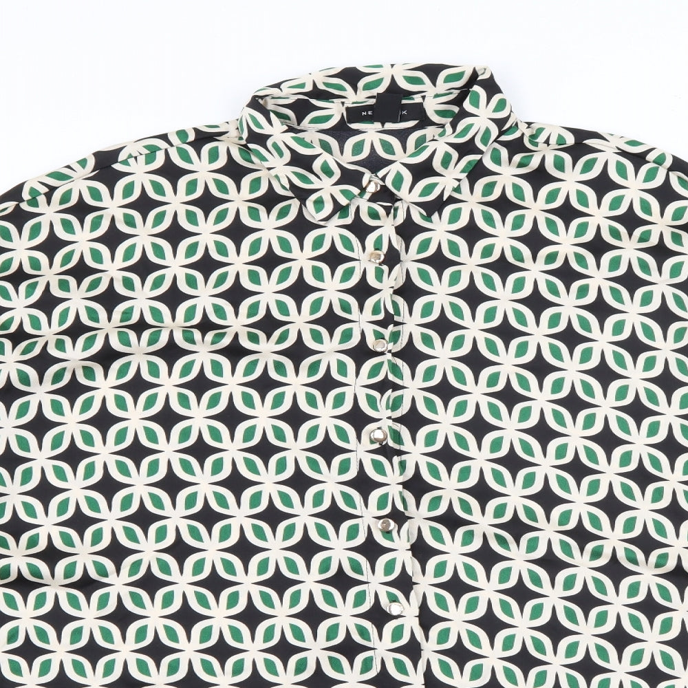 New Look Womens Green Geometric Polyester Basic Button-Up Size 12 Collared