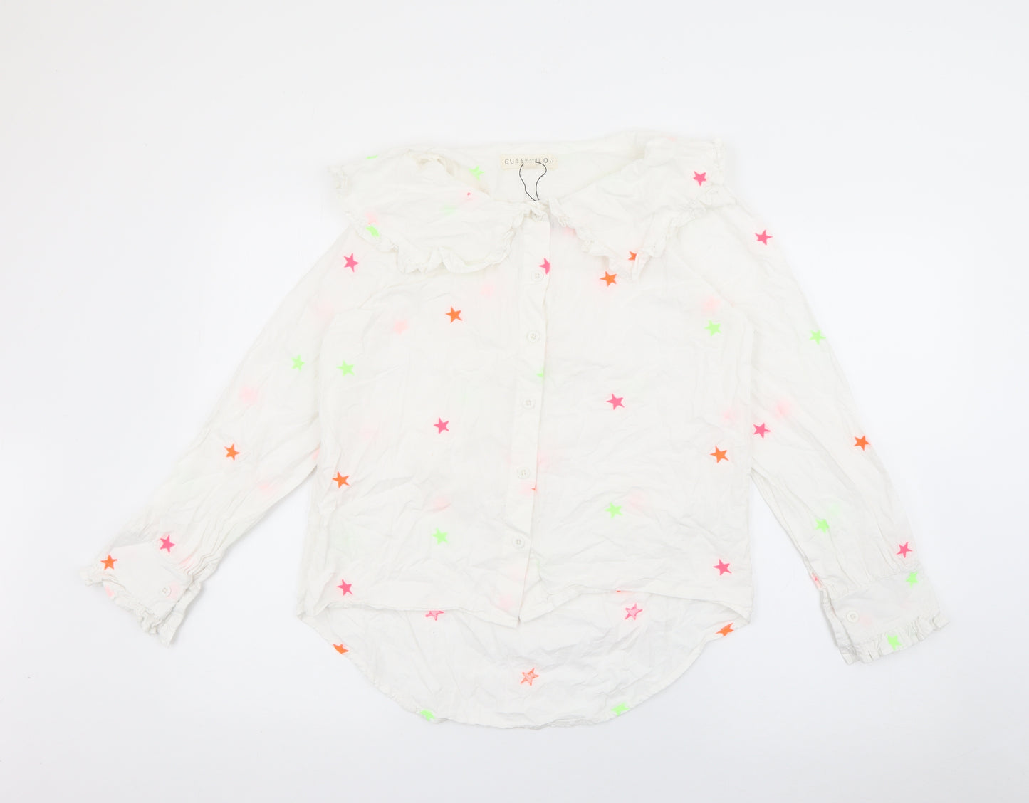 Gussy and Lou Womens White Geometric Cotton Basic Button-Up Size S Collared