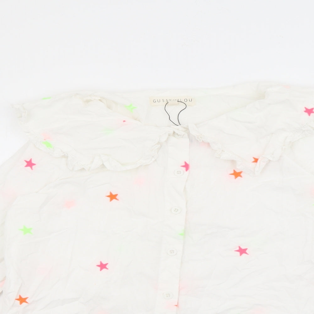 Gussy and Lou Womens White Geometric Cotton Basic Button-Up Size S Collared
